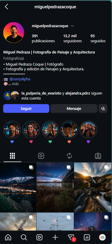 Perfil personal de Instagram de Miguel Pedraza Coque