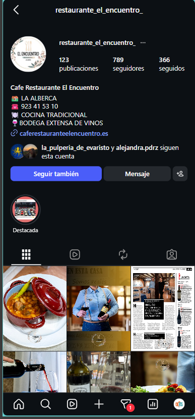 Perfil de Instagram de Restaurante El Encuentro