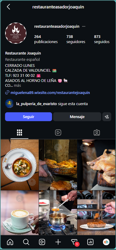 Perfil de Instagram de Restaurante Joaquín